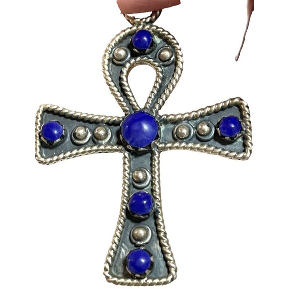 Taxco MX Silver Ankh Necklace Lapis Lazuli Cross Pendant Collar Egyptian 925 - Picture 6 of 16
